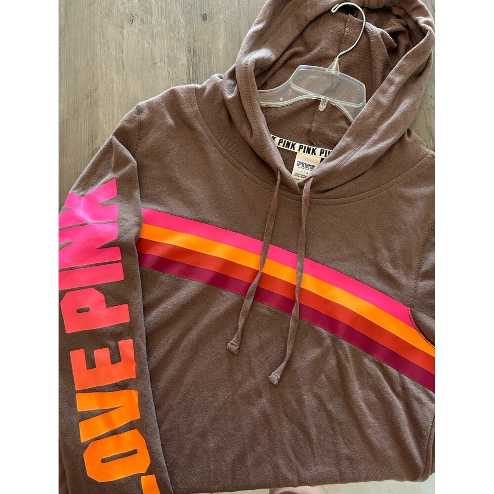 Victoria's Secret Size Large Brown Love Pink Lightweight Hoodie Neon Stripe